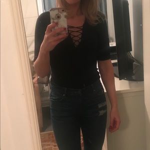 Express Tops - Express Black Lace-up Front Ribbed Top Express Tops - Express Black Lace-up Front Ribbed Top